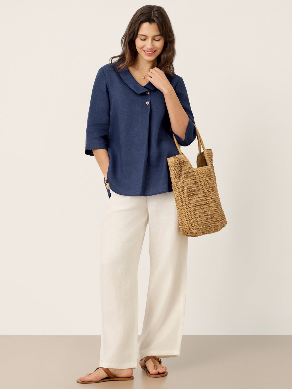 Liv Linen Asymmetric Collar Top