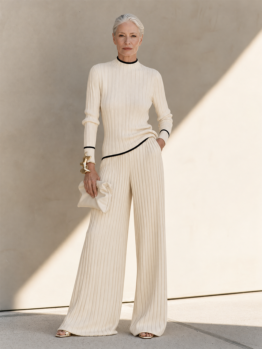 Ivy Ribbed Knit Contrast-Trim Two-Piece Set