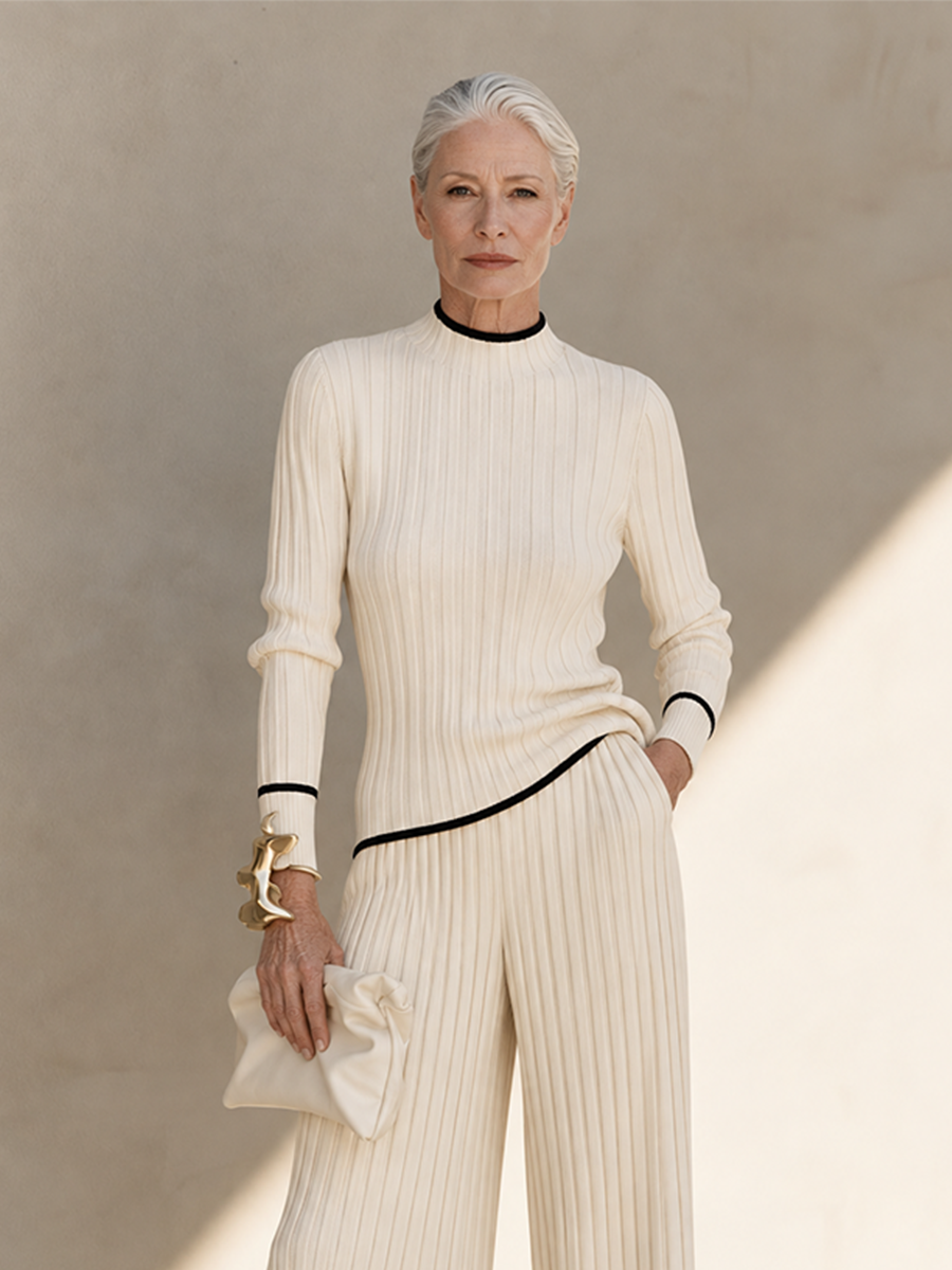 Ivy Ribbed Knit Contrast-Trim Two-Piece Set