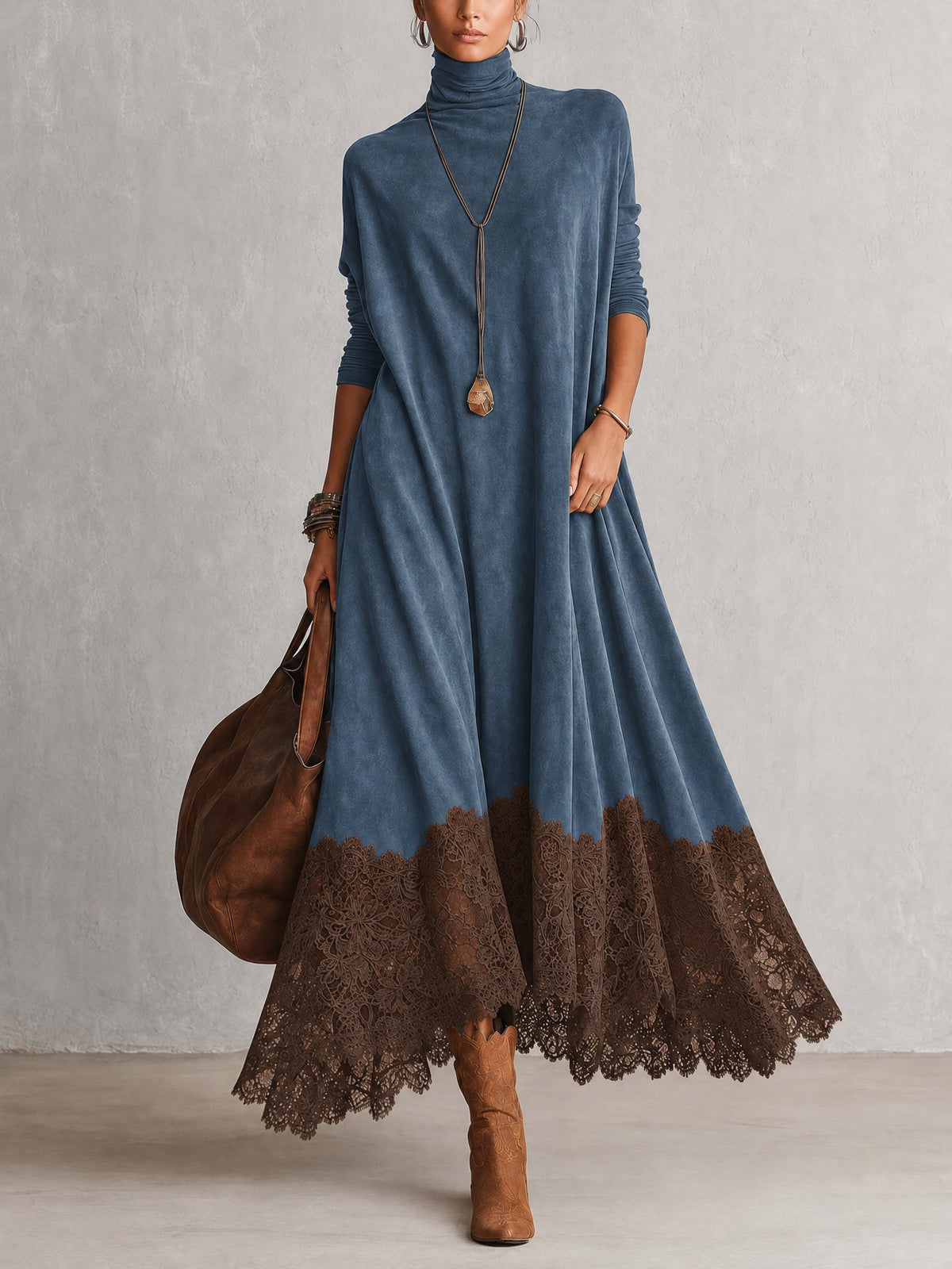 Esme Suede-Feel Lace Hem Maxi Dress