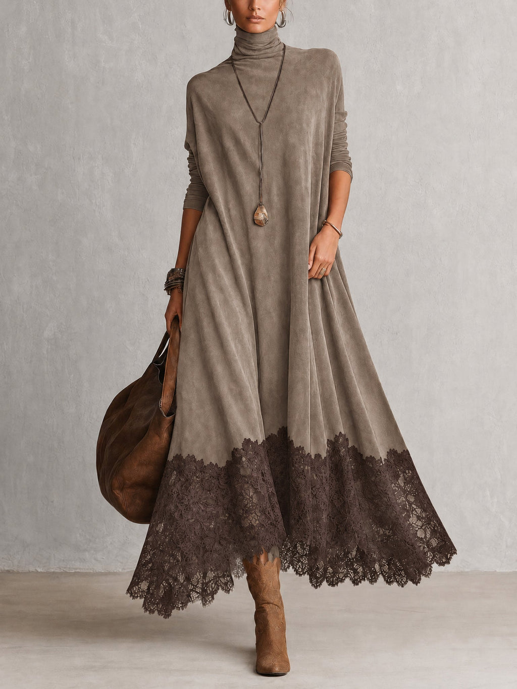 Esme Suede-Feel Lace Hem Maxi Dress
