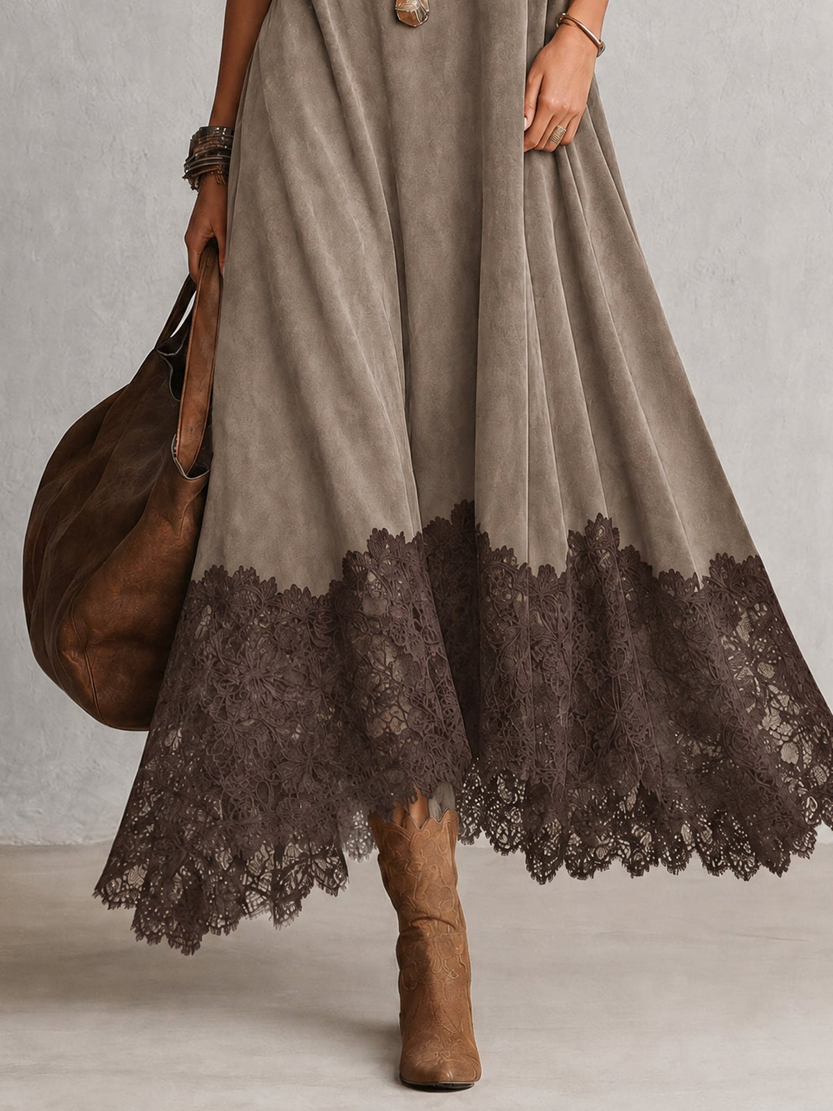 Esme Suede-Feel Lace Hem Maxi Dress