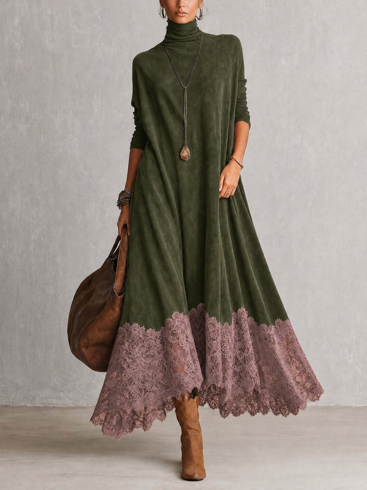 Esme Suede-Feel Lace Hem Maxi Dress