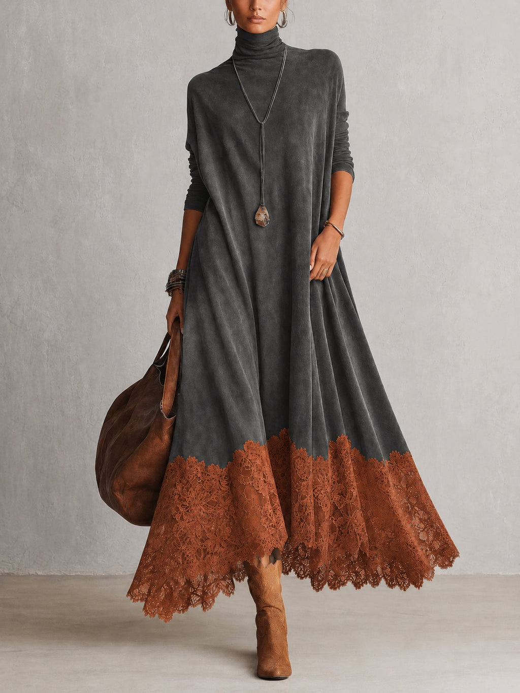 Esme Suede-Feel Lace Hem Maxi Dress