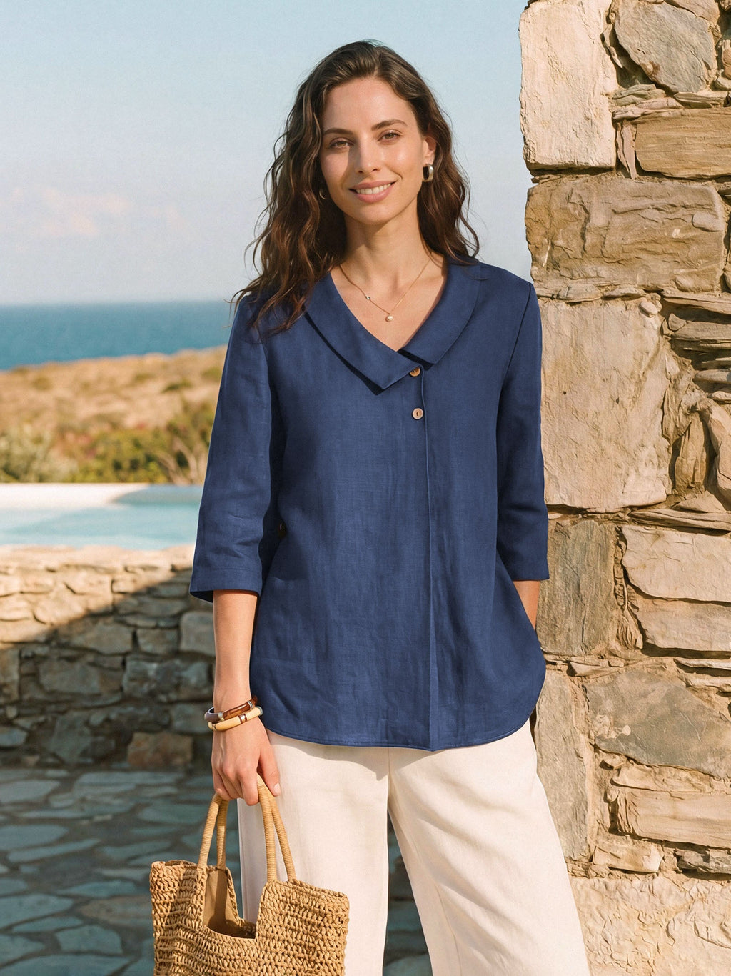 Liv Linen Asymmetric Collar Top