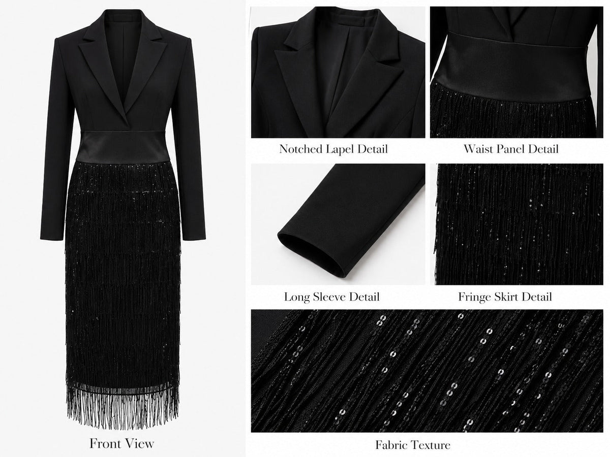 Della Sequin Fringe Blazer Midi Dress